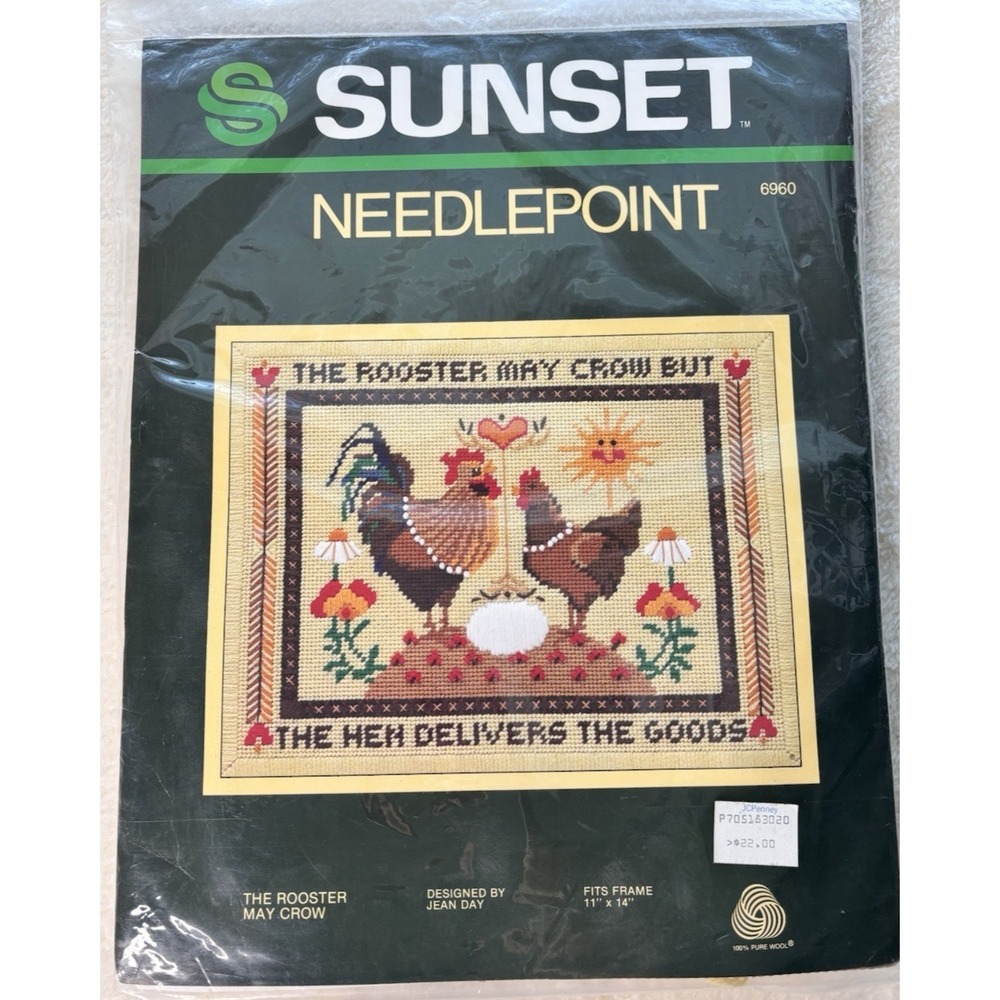 VTG Sunset Needlepoint 11x14 Rooster May Crow But Hen Delivers Goods 6960